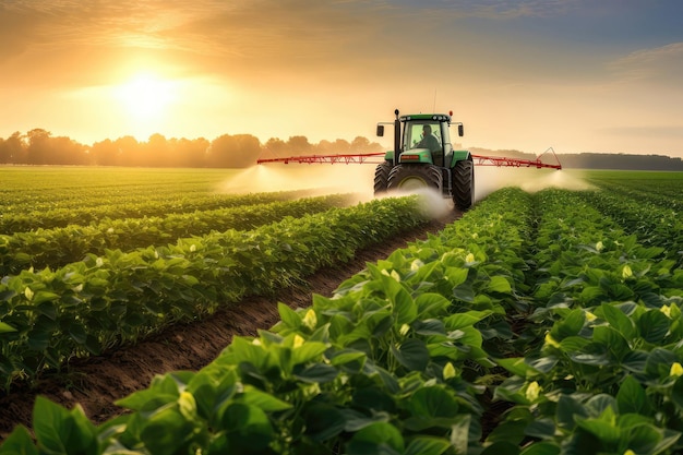 Tracteur pulvérisant des pesticides dans un champ de soja au printemps AI générative