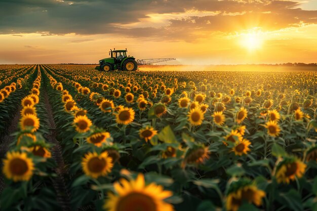 Un tracteur pulvérisant des tournesols dans un champ au coucher du soleil