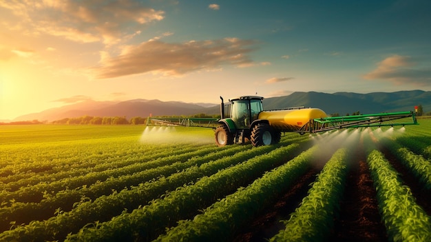 tracteur avec pulvérisateur sur le terrain