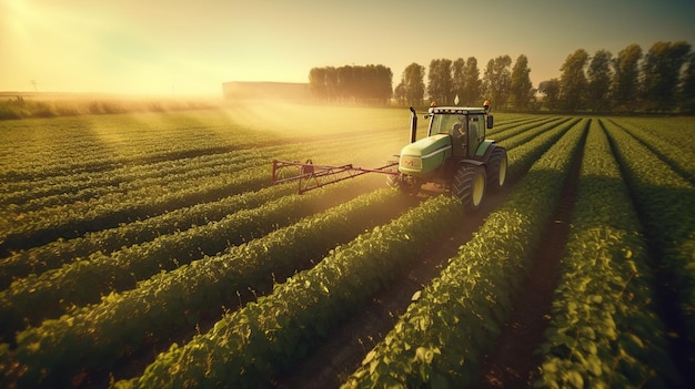 Un tracteur pulvérise un champ de soja au coucher du soleil