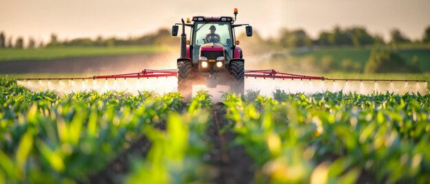 Un tracteur pulvérise du maïs jeune avec des pesticides