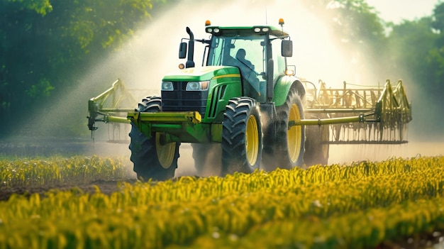Un tracteur pulvérise élégamment un champ avec un pulvérisateur créant une belle chorégraphie de mouvement et de précision dans l'agriculture