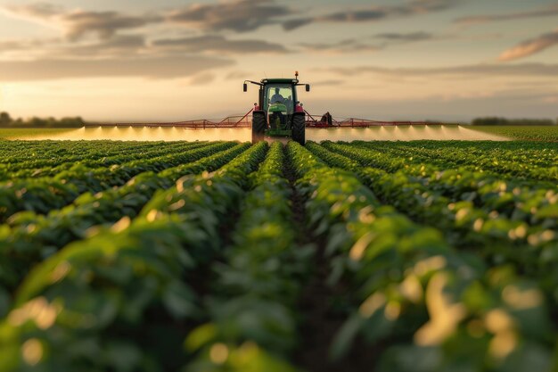 Un tracteur pulvérise des pesticides dans un champ de soja