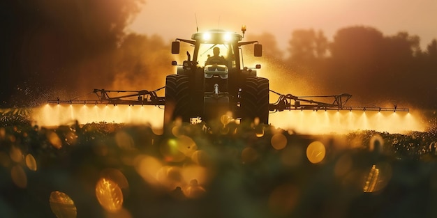 Un tracteur pulvérise des produits chimiques pour lutter contre les ravageurs et les mauvaises herbes dans les cultures, assurant ainsi des récoltes plus saines et plus abondantes.