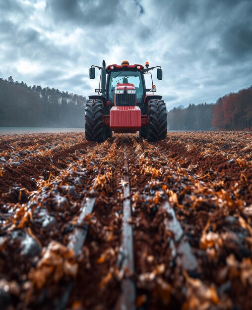 Tracteur qui laboure le champ au crépuscule