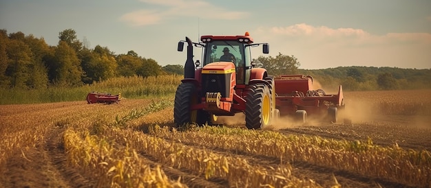 Tracteur qui laboure un champ de maïs