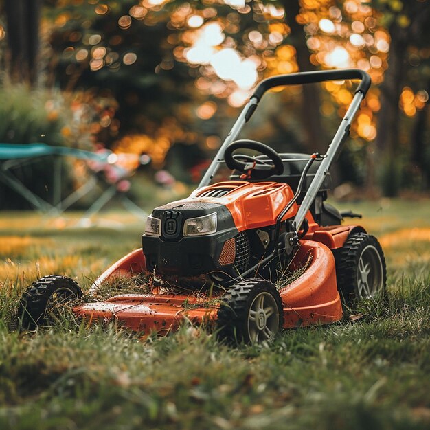 Photo un tracteur rouge est dans l'herbe avec le mot le mot dessus