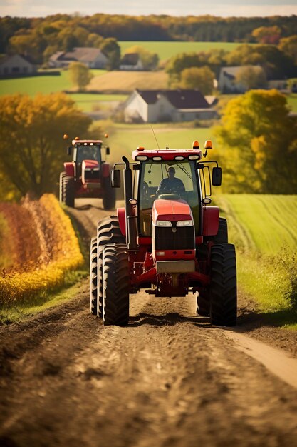 un tracteur rouge avec un homme conduisant sur un chemin de terre