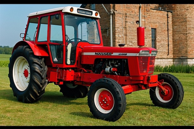 un tracteur rouge avec le mot ferme sur le côté