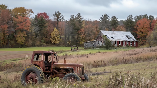 Photo un tracteur rouge solitaire est assis dans un champ d'herbe haute devant une ferme abandonnée le ciel est nuageux et les arbres sont nus