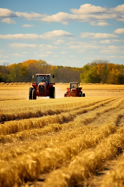 un tracteur rouge traverse un champ de blé