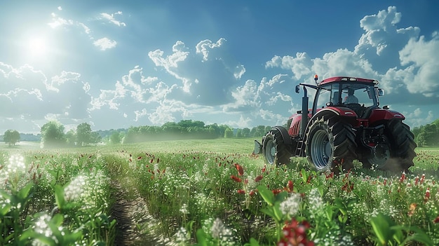 un tracteur rouge traverse un champ de fleurs.