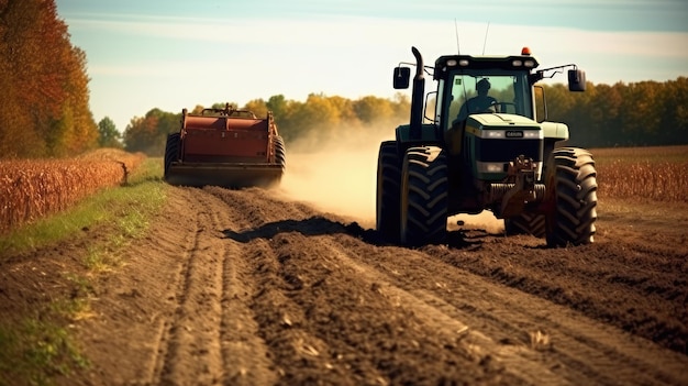 un tracteur tirant un grand conteneur sur un chemin de terre