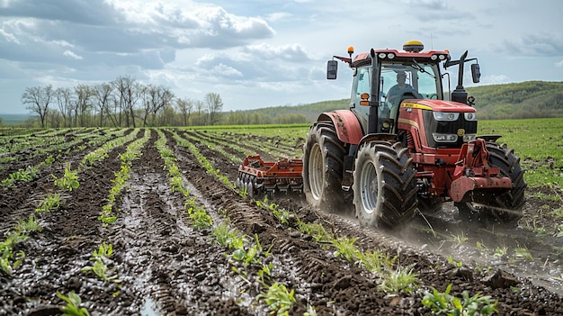 Photo un tracteur tire un niveleur pour lisser le papier peint