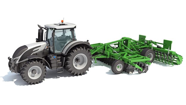 Photo tracteur à traîneau à disque harrow équipement agricole rendu 3d sur fond blanc