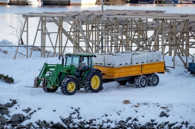 Le tracteur transporte du poisson dans un seau sur une remorque en bord de mer aux îles Lofoten