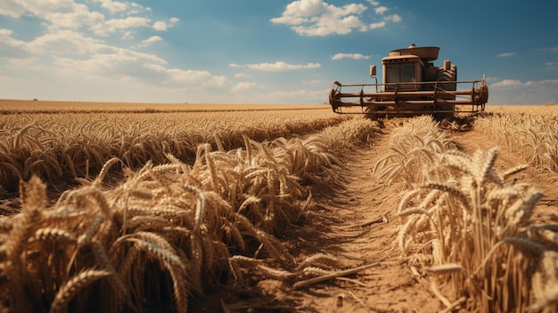 un tracteur traverse un champ de blé.