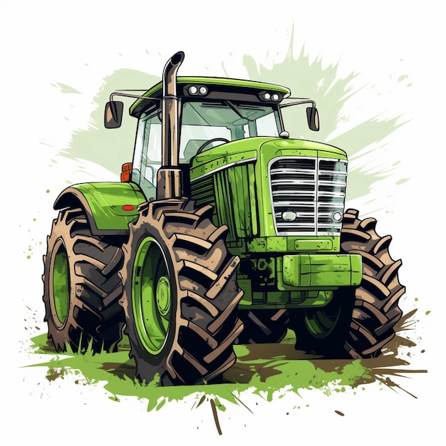 Tracteur vert dessin animé avec gros pneus sur fond blanc ai générative