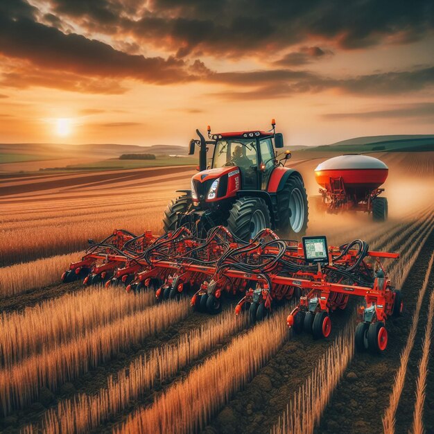 tracteur vert labourant un champ de céréales avec du ciel avec des nuages