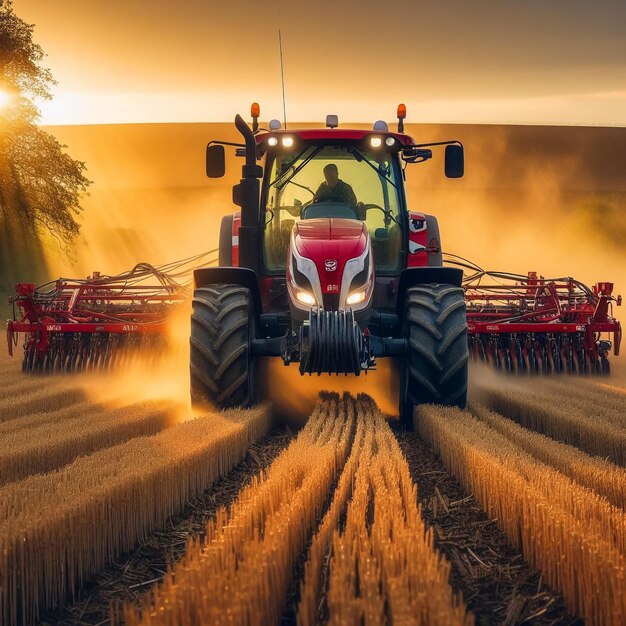 tracteur vert labourant un champ de céréales avec du ciel avec des nuages