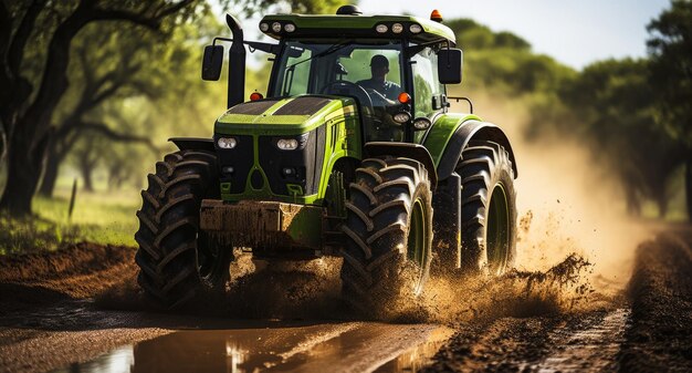 Un tracteur vert roule dans la boue après la pluie.