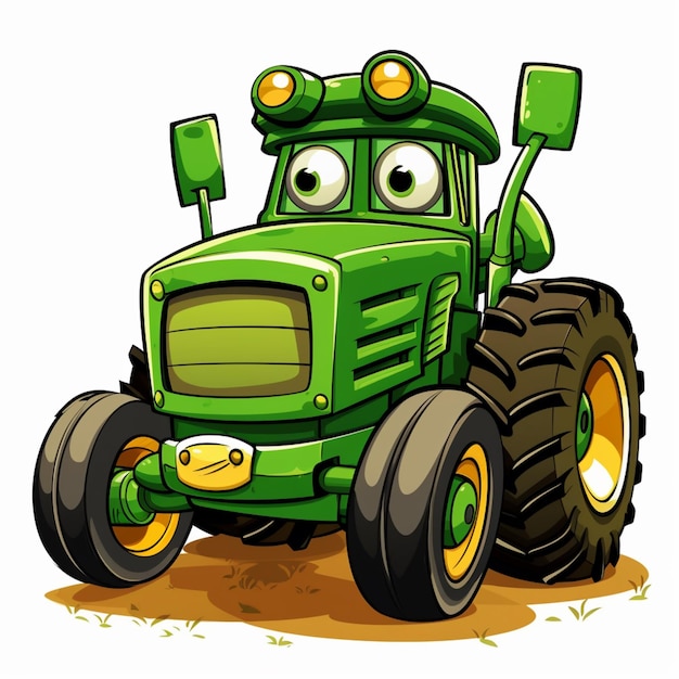 Un tracteur vert avec un visage vert et un nez vert.