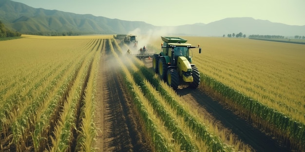 Tracteurs agricoles dans les champs de tournesols en semis et récolte assurant la production IA générative