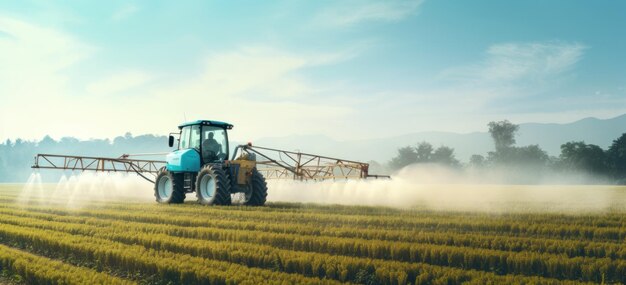 Des tracteurs modernes pulvérisent des terres agricoles rurales