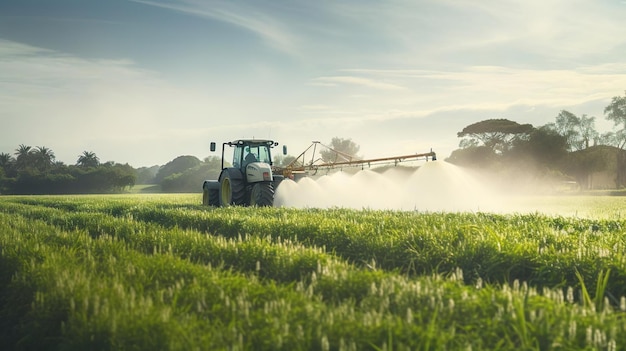 Des tracteurs modernes pulvérisent des terres agricoles rurales