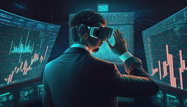 Trader utilisant un casque de réalité virtuelle pour accéder à une plateforme de trading futuriste Generative AI