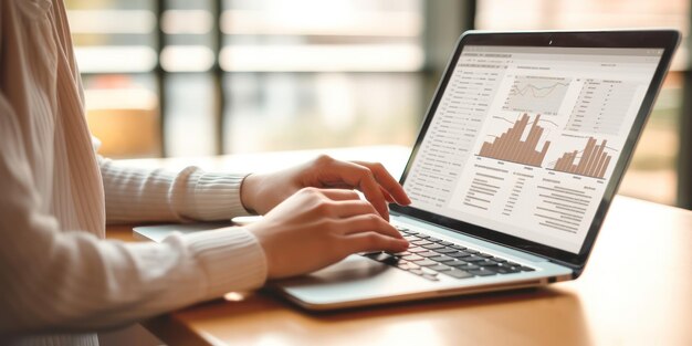 Trading de crypto-monnaie et de titres Une jeune analyste financière en lunettes travaille devant un écran d'ordinateur portable Suivre les cotations en temps réel Une analyste financière travaille devant un écran d'ordinateur portable