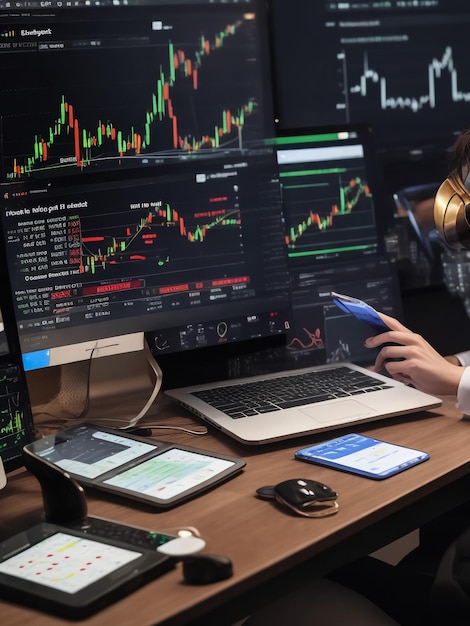 Photo le trading sur la table est de travailler sur un écran d'ordinateur plein de graphiques et d'analyse de données et de négociation boursière