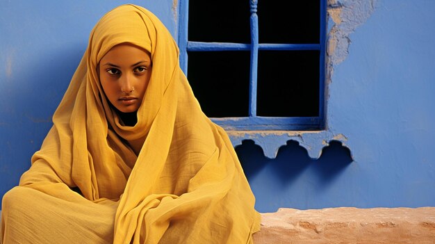 Tradition et diversité culturelle dans un portrait d'une femme en jaune