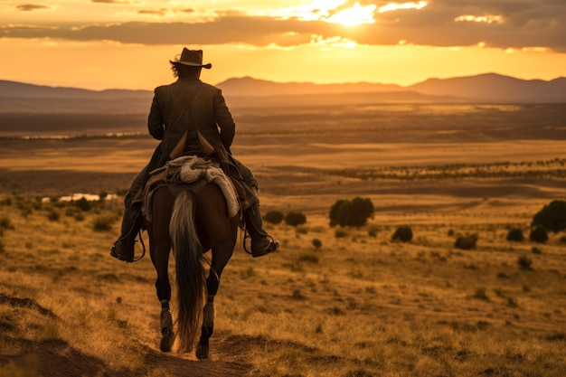 Photo tradition gaucho chevauchant les plaines au coucher du soleil