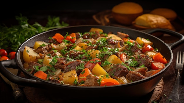 Tradition Photographie alimentaire colorée mettant en valeur l'agneau tendre et les légumes grossiers dans le ragoût irlandais