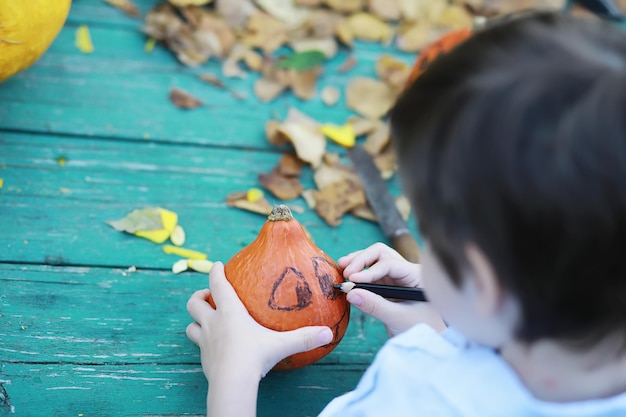 Traditions D'automne Et Préparatifs Pour Les Vacances Halloween Une Maison Dans La Nature Une Lampe Faite De Citrouilles Se Coupe à La Table