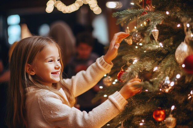 Les traditions de Noël une fille souriante orne l'arbre