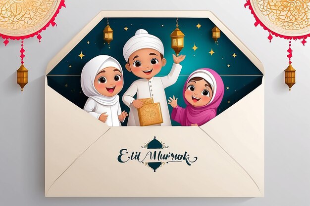 Photo traduction joyeux eid mubarak design d'eid avec une grosse enveloppe et deux enfants qui célèbrent