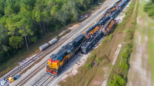 Photo tragédie sur les voies vue à vol d'oiseau du déraillement d'un train ai générative