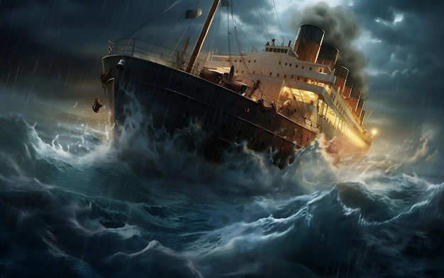 Tragic Voyage Le Titanic affronte un océan furieux IA générative