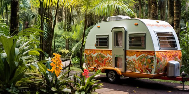 Photo trailer de transport de camping-car génératif dans la forêt exotique aventure