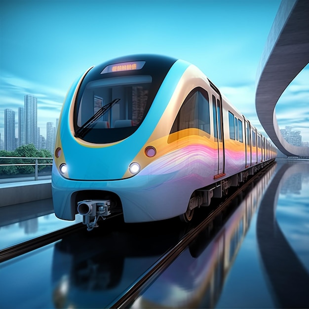 Train Arafed sur une piste avec un reflet du ciel ai génératif