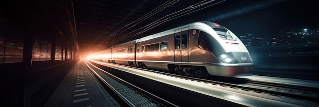 Un train arrive en gare avec les feux allumés.