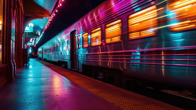 Photo un train au néon se précipite en laissant une traînée de couleurs vives dans son sillage