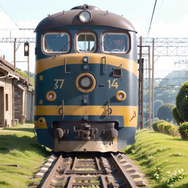 Un train bleu et jaune