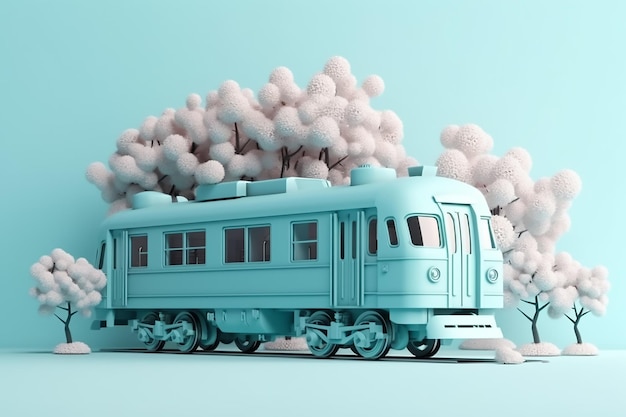 Un train bleu avec un nuage blanc sur le devant.