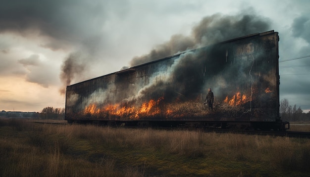 Un train brûle dans l'herbe avec les mots "le train" sur le côté