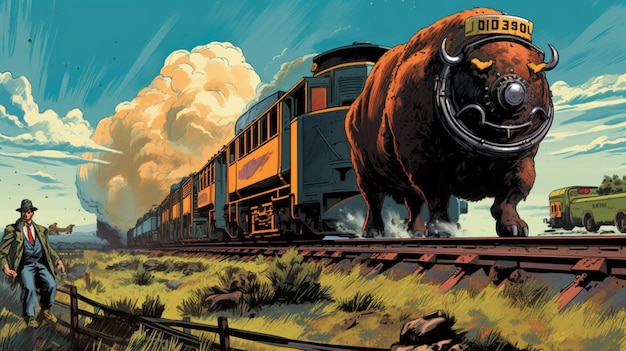 Un train avec un buffle sur le devant