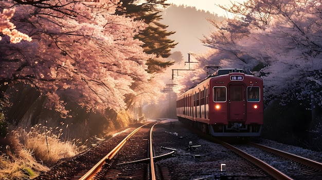 Le train et les cerisiers en fleurs au printemps avec une belle nature en arrière-plan