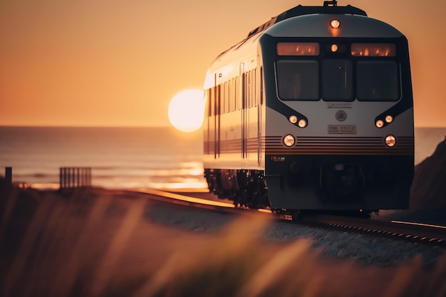 Un train circule le long de la plage au coucher du soleil.